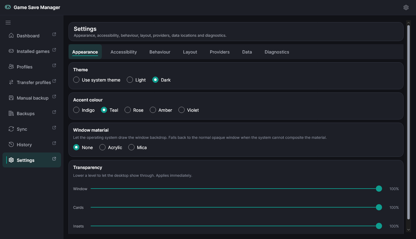 The Settings Appearance category with the teal accent, showing theme, accent, window material and transparency controls.