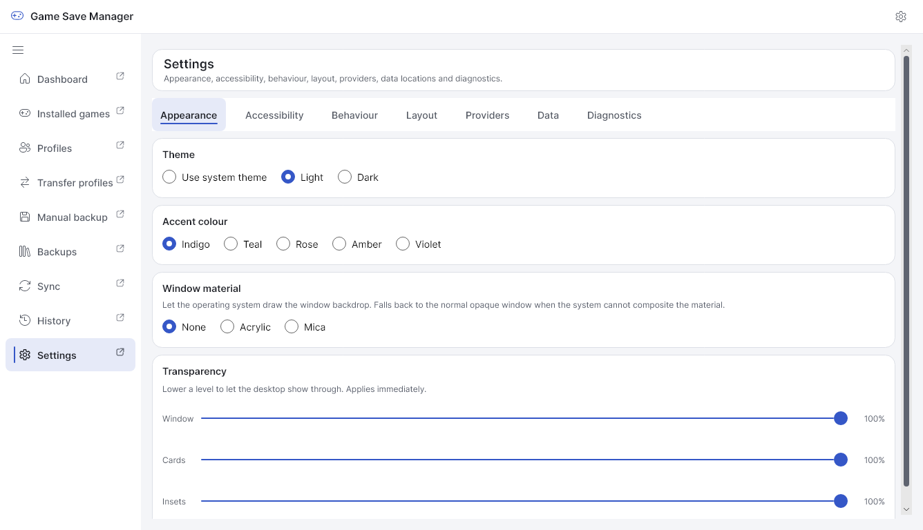 The Settings Appearance category in light mode with the indigo accent.