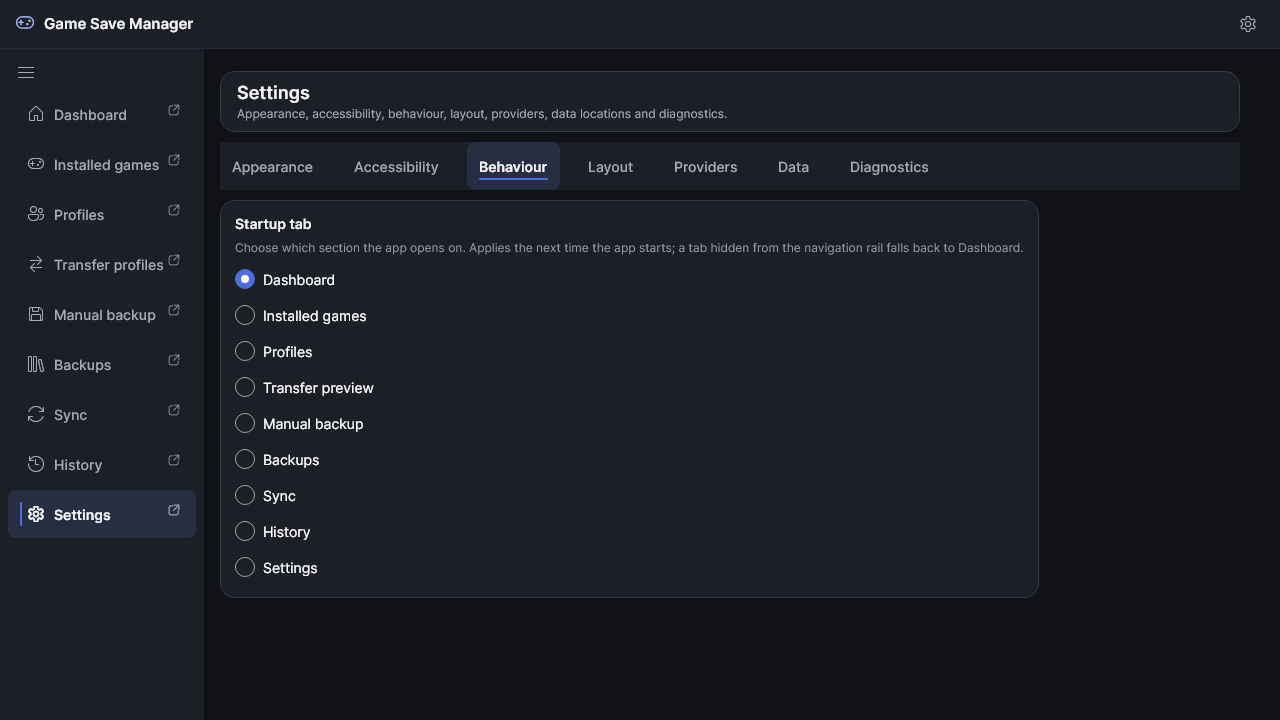 The Settings Behaviour category, where the startup section is chosen.