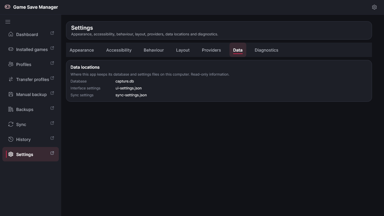 The Settings Data category showing the database and settings file locations.