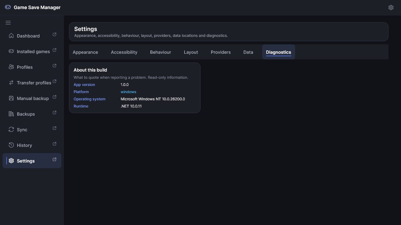 The Settings Diagnostics category showing the app version, platform, operating system and .NET runtime.