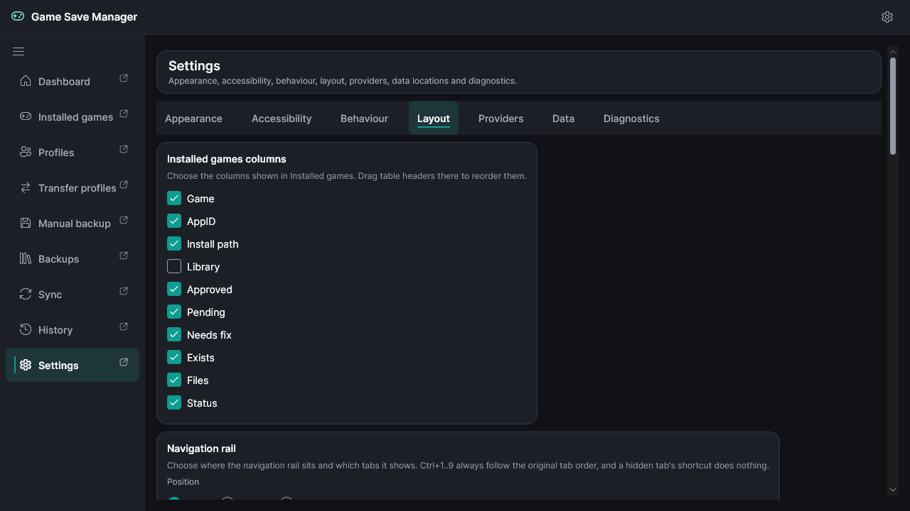 The Settings Layout category with the table column chooser and the navigation rail position.