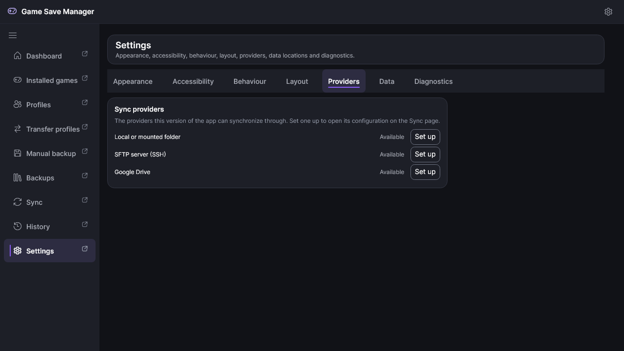 The Settings Providers category listing the available sync providers.