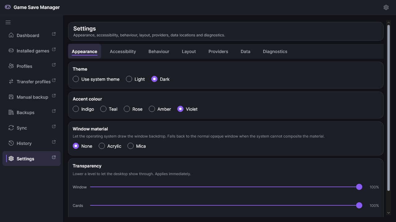 The Settings page showing its seven categories with Appearance selected.