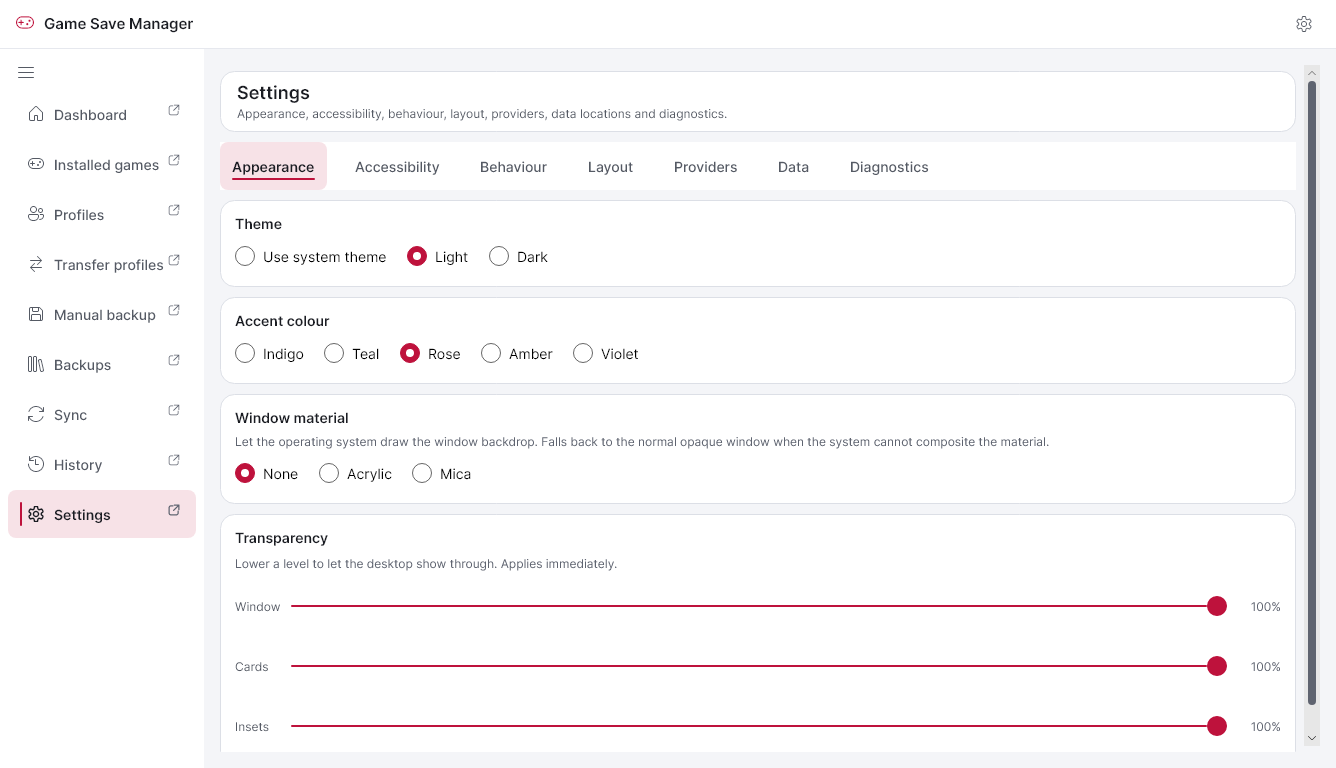 The Settings page in light mode with the rose accent.