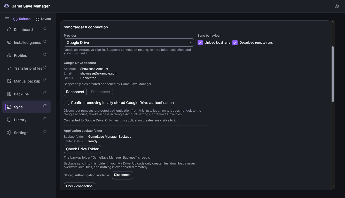 The Sync page connected to Google Drive, showing the account, connection status and the application-managed backup folder.