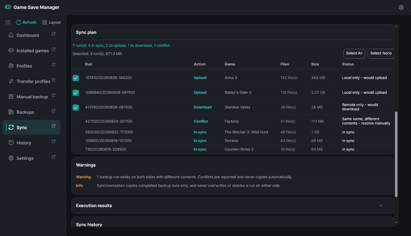 A sync preview listing which completed backup runs would be uploaded, downloaded, or are in conflict.