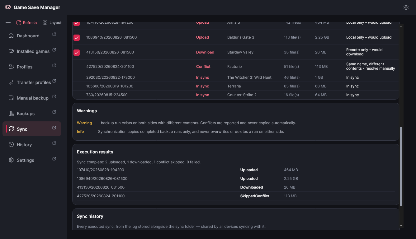 The Sync page after a completed synchronisation, showing per-run results and the sync history.