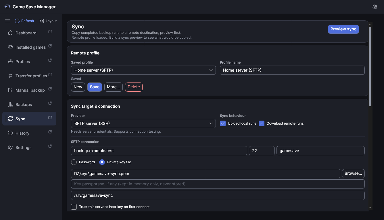 The Sync page configured for an SFTP server with a private key and a remote path.