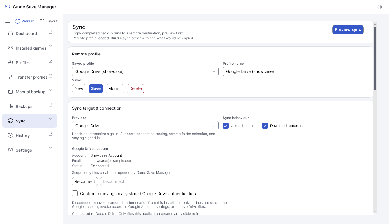 The Sync page in light mode, connected to Google Drive with its managed backup folder.