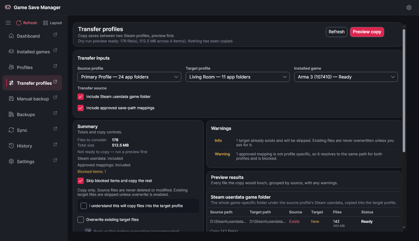 A dry-run transfer preview showing which save files would be copied between two Steam profiles, with warnings and a summary.
