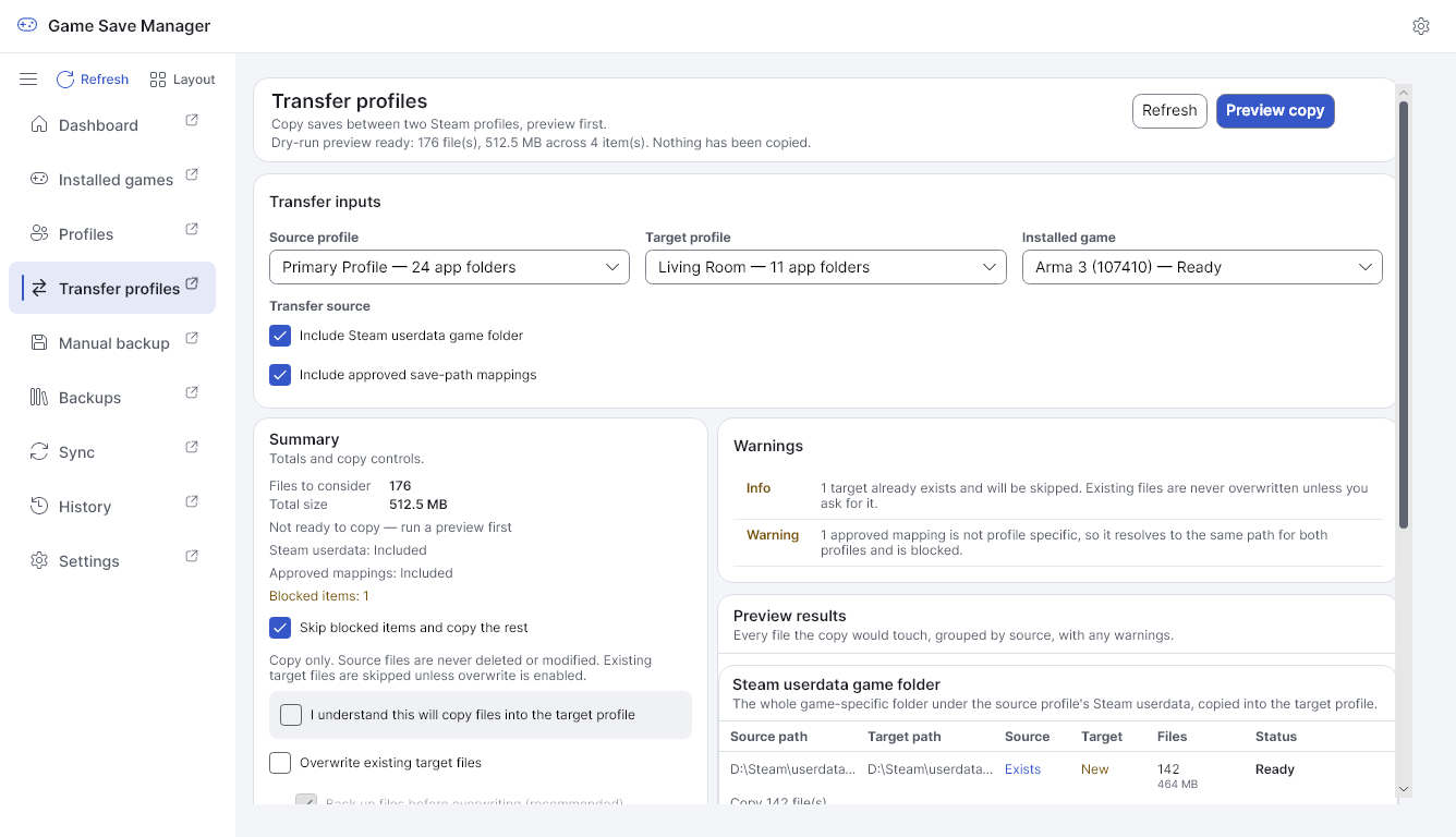The Transfer profiles dry-run preview in light mode with the indigo accent.