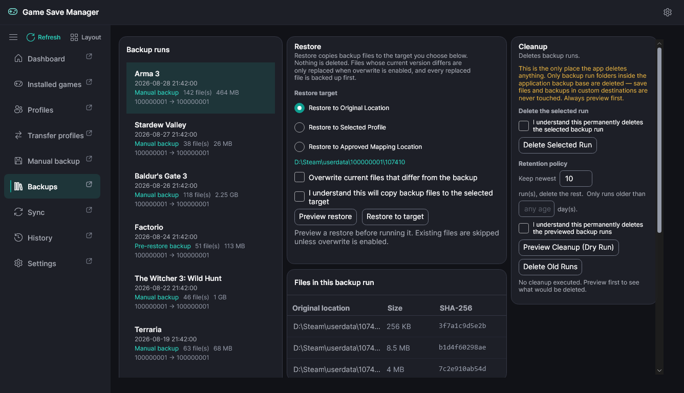 The Backups page with workspace sections docked into the left and right regions.