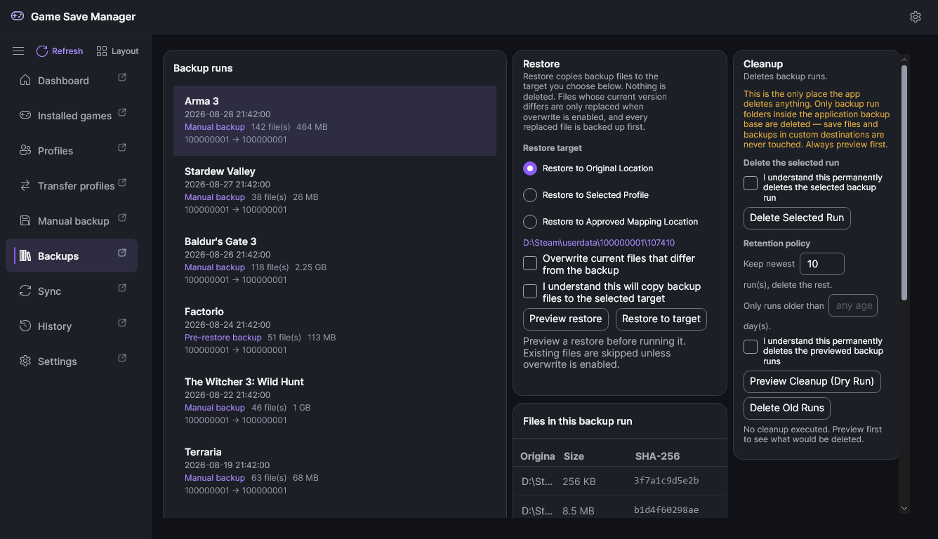 The Backups workspace with its docked regions resized to unequal widths.