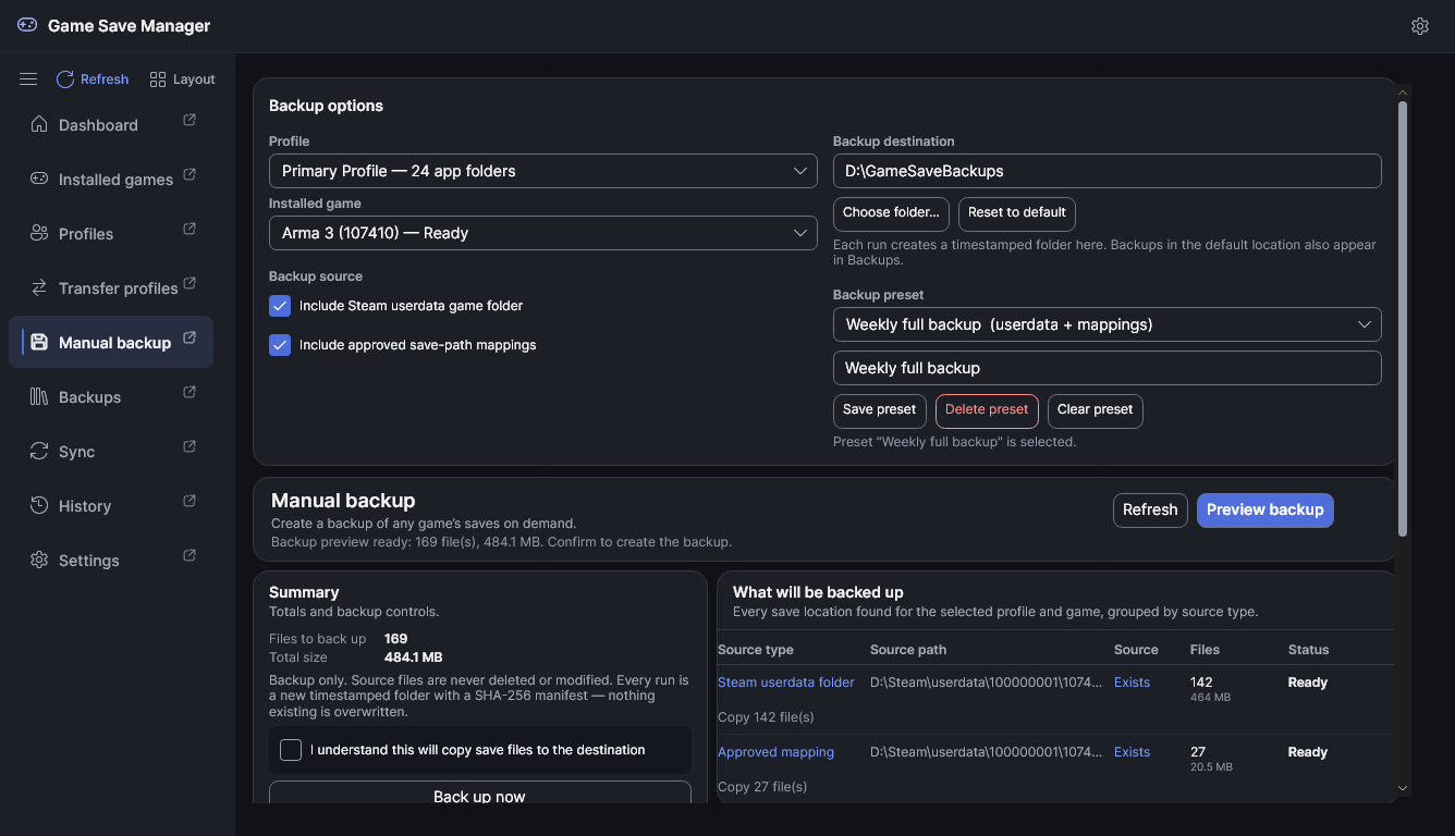 The Manual backup page with workspace sections docked above and below the centre.