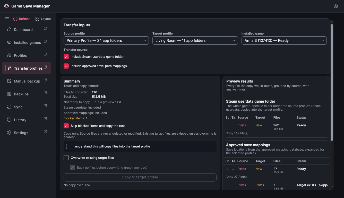 The Transfer profiles page arranged into a custom, saveable workspace layout.