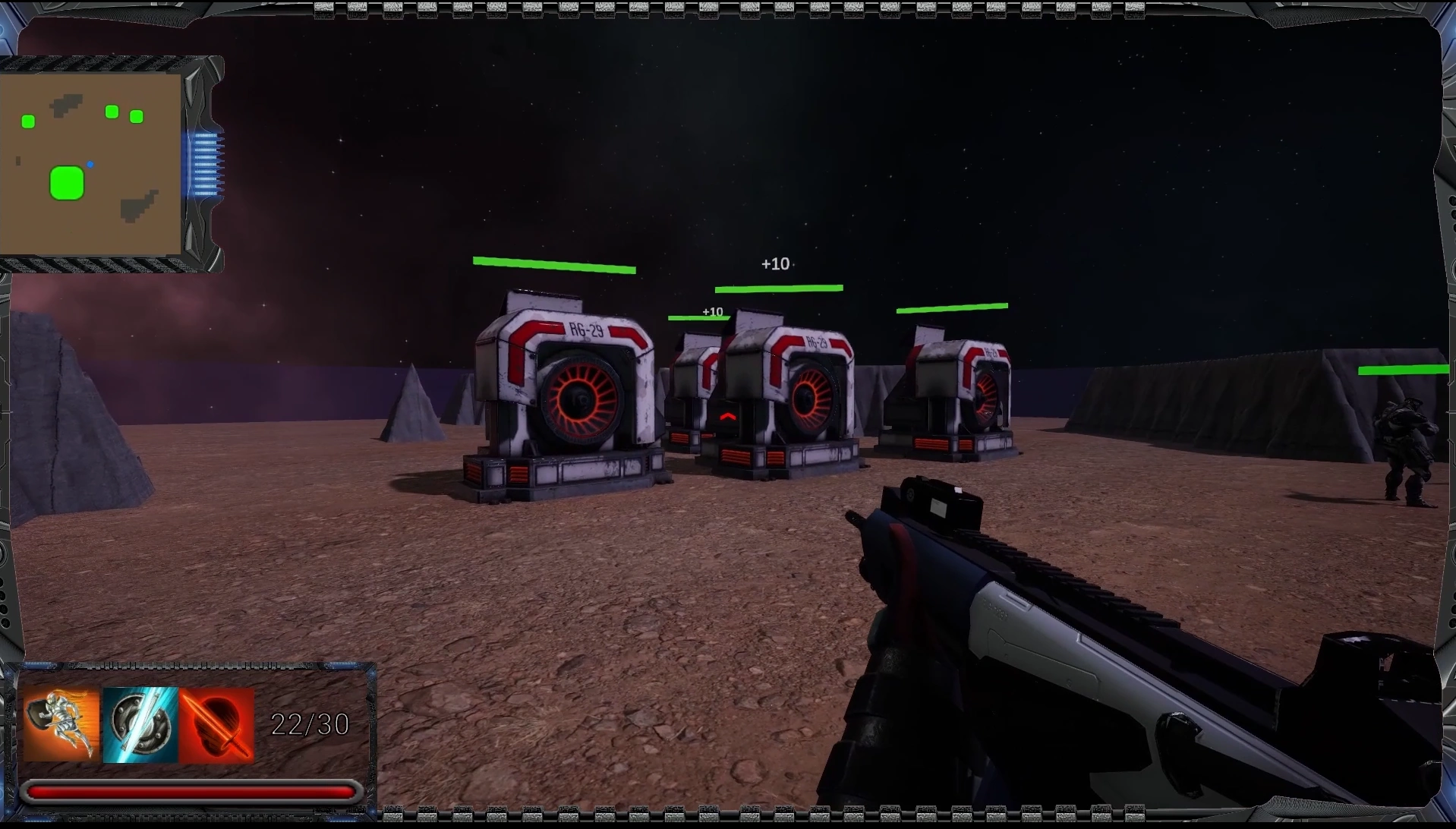 First-person Haardon gameplay with strategic structures and allied units