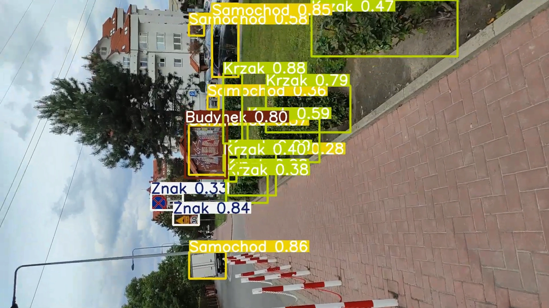 Video frame with YOLOv5n bounding boxes labelling cars, bushes, buildings and road signs with confidence scores